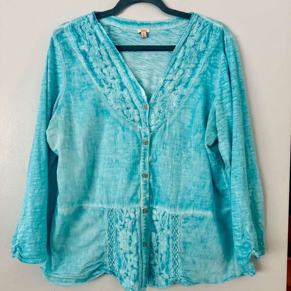 Reba Turquoise Button-Up Embellished Boho-Western Blouse 100% Cotton XL
